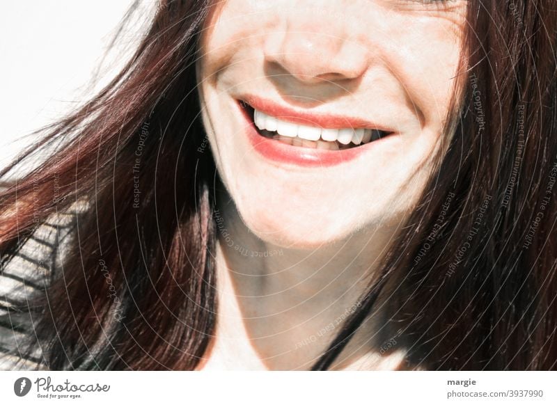 Eine Frau lacht in die Kamera, gezeigt werden nur der Mund und die Nase Frauengesicht Gesicht Mensch feminin Zähne zeigen schöne frau schöne zähne lachen