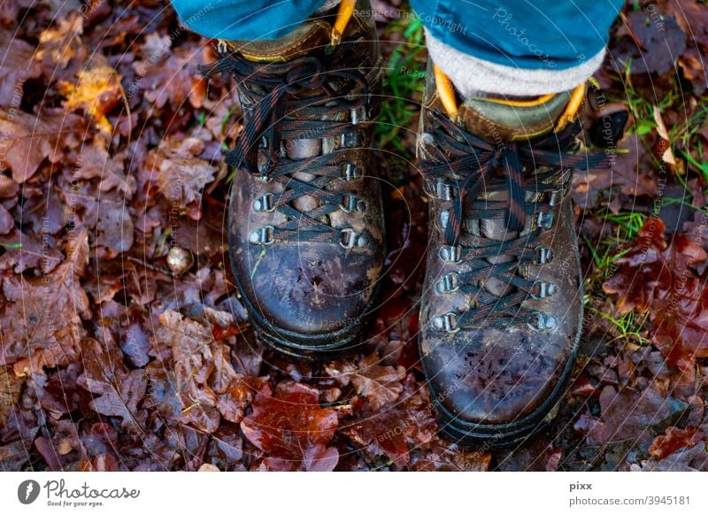 Neujahrsspaziergang 2021 wandern Laubwald Blätter Boden laufen Spaziergang Natur Wanderschuhe Schuhe Waldboden flora braun Schleife Hose Herbst Winter Regen