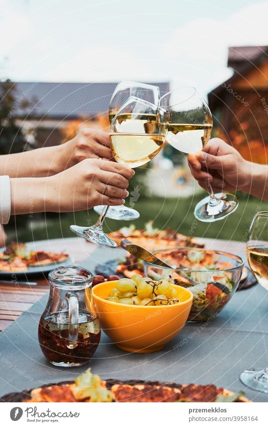 Freunde machen Toast während Sommer-Picknick im Freien Abendessen in einem Haus Garten Hinterhof Getränk Feier Speise trinken Essen Familie Festessen