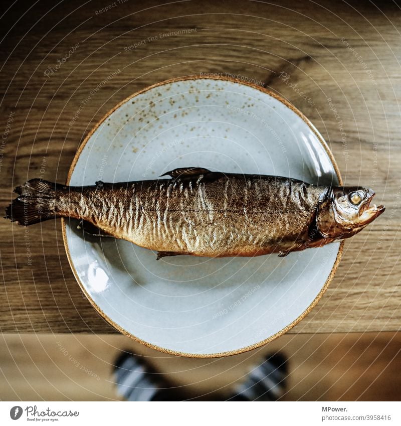 rauchfisch (antivegan) Fisch Räucherfisch Forelle Lebensmittel Ernährung geräuchert Räucherforelle Totes Tier lecker frisch Detailaufnahme Teller Tellerrand