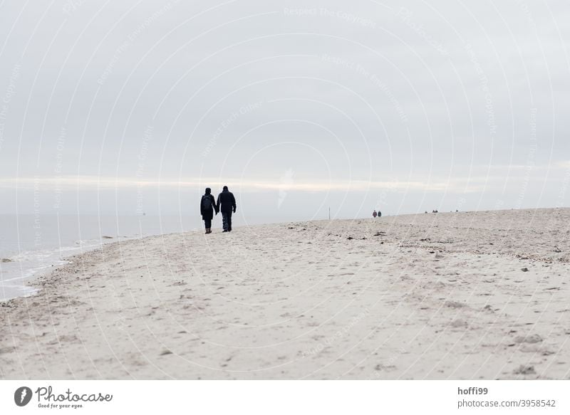 zwei Menschen spazieren am winterlichen Stand entlang. Partnerschaft Silhouette wandern 2 Sand Strand Nordsee Küste Zusammensein Paar Nationalpark Bewegung