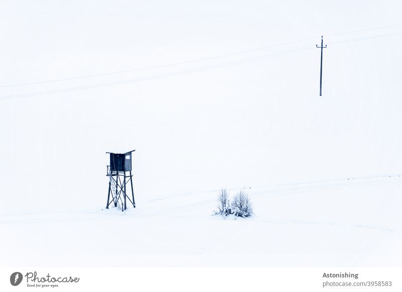 Strommast und Hochstand im Schnee Winter weiß Busch Strauch Natur Landschaft Linie Kabel Stromkabel Spur Außenaufnahme Menschenleer Jagd Industrie Tal Hügel