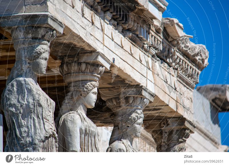 Nahaufnahme der Karyatiden aus dem Erechthion-Tempel auf der Akropolis Griechenland Athen Statue Statuen antik alt Gebäude Außenseite erechthion Historie