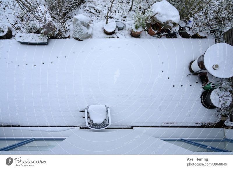 In der Nacht hat eine Katze im frischen Schnee die Terrasse erkundet und Spuren hinterlassen. Garten Winter Holzschutz spuren im schnee Abdrücke Wintergarten