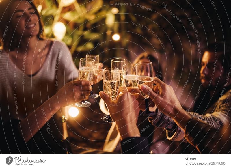 Gruppe von Menschen jubelnd und feiernd mit Sektgläsern auf Party zusammen 4. Juli Lächeln Zusammengehörigkeitsgefühl Alkohol Bar schön zu feiern Feier