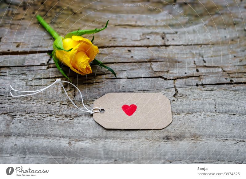 Ein Herz auf einem Etikett und eine gelbe Rose auf einem Holztisch rot Valentinstag Muttertag Liebe Blume Farbfoto Feste & Feiern Stil Nahaufnahme einzeln grau