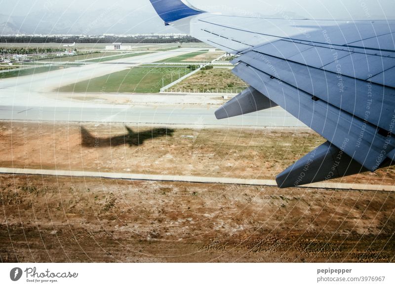 Ab in den Urlaub, Schatten eines Flugzeugs beim Start Flugzeugausblick Flugzeugstart starten Luftverkehr Farbfoto Außenaufnahme Passagierflugzeug