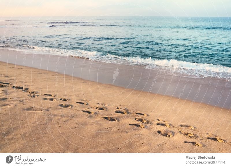 Fußabdrücke auf einem tropischen Sandstrand bei Sonnenuntergang. Fußspur Strand friedlich Windstille Urlaub MEER Wasser Sommer retro Meer sonnig Schritt Küste