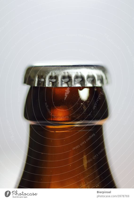 Kronenkorken auf einer geschlossenen Bierflasche Kronkorken Flasche Verschluss Metall Glas Getränk verschlossen braun silber