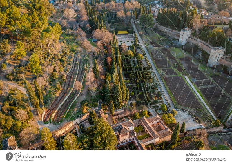 Luftaufnahme der Gärten von der Roten Festung Alhambra Granada Spanien oben Antenne Albaicin Alhambra-Palast antik Andalusien Andalusia arabisch Bogen