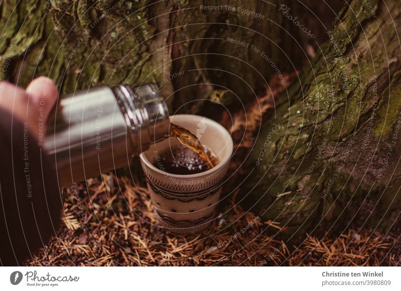 Teepause unterwegs. Ein Becher steht auf dem Waldboden, dieser ist mit braunen Nadeln bedeckt. Aus einer silbrigen Thermosflasche wird Tee / Kaffee eingegossen.