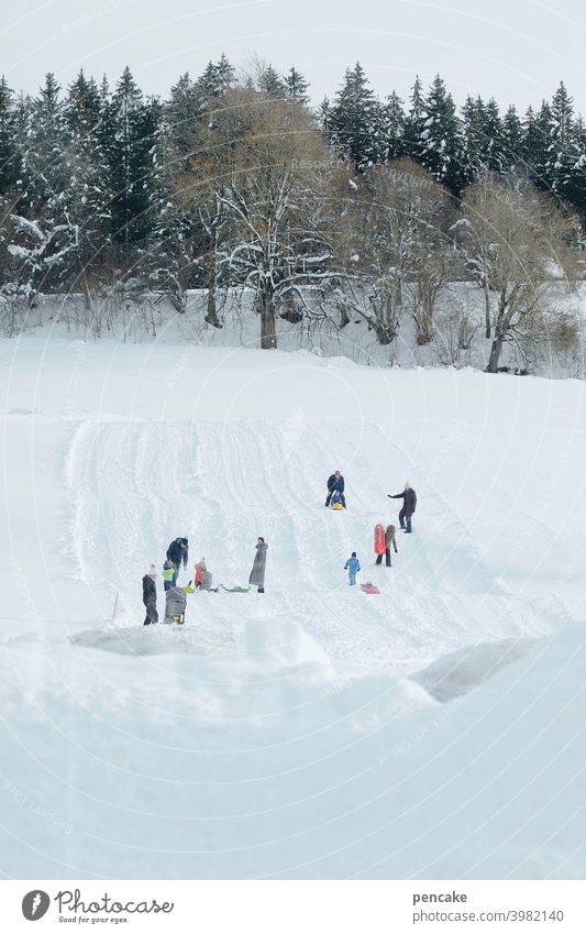 ski & rodel gut! ll Winter Hügel Wald Piste Kinder rodeln Skifahren Wintersport Allgäu Spass freudig Schlitten Schnee Landschaft Berge u. Gebirge weiß kalt