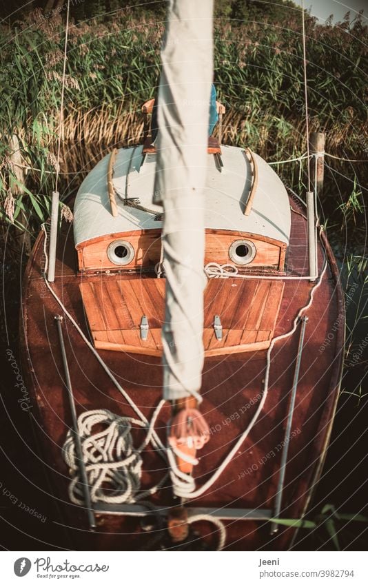 Ein Segelboot / Jollenkreuzer liegt festgemacht am Anlegesteg und schaut ganz erwartungsvoll mit seinen Bullaugen Boot Holz Holzboot Segeln Schifffahrt