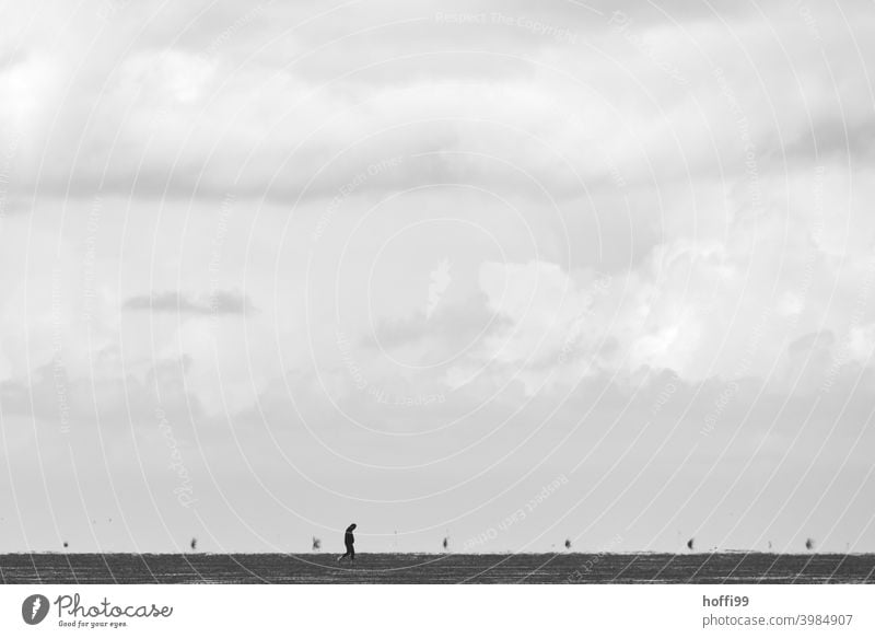 ein Mensch allein bei Ebbe im Watt 1 Einsam Einsamkeit Stille einsamkeit suchen Wattenmeer Wattwandern Wattwanderer Wattwanderung minimalistisch Minimalismus