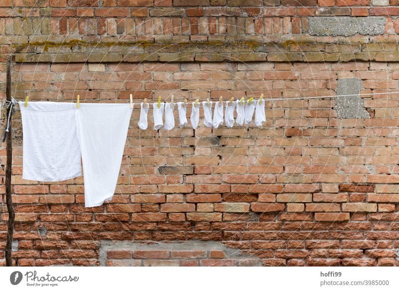Weiße Wäsche an einer Wäscheleine vor einer alten Backsteinwand in der historischen Altstadt von Venedig Strümpfe T-Shirt Wäscheklammern hängen frisch