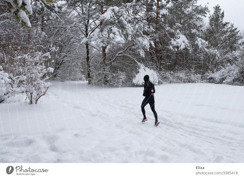 Ein Mann joggt im Winter durch den Schnee joggen laufen Sport Fitness Bewegung sportlich Park Natur Schneelandschaft Läufer Training Joggen Jogger