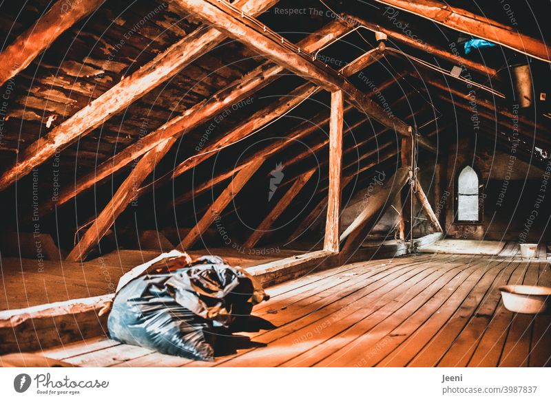 Sanierungsbedürftig | Der Dachboden eines alten Gutshauses Holzboden Gutshof Sanieren sanierungsbedürftig Dachgeschoss Dachgiebel Dachgebälk altes haus Gebälk