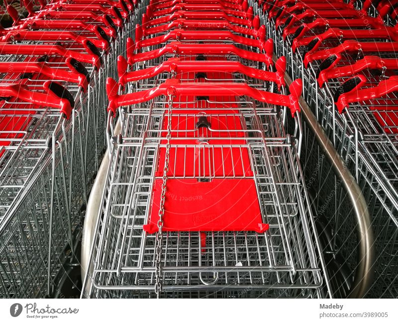 Aufgereihte Einkaufswagen aus glänzendem Draht mit rotem Plastik vor einem neuen Supermarkt in Bielefeld im Teutoburger Wald in Ostwestfalen-Lippe Shopping
