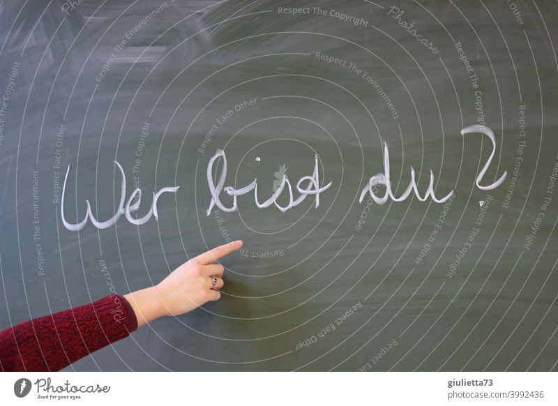 Wer bist du? | Lehrerin zeigt mit der Hand auf die Frage an der Tafel Gesellschaft (Soziologie) Typographie Kommunizieren Kreide Schule Klassenraum lernen