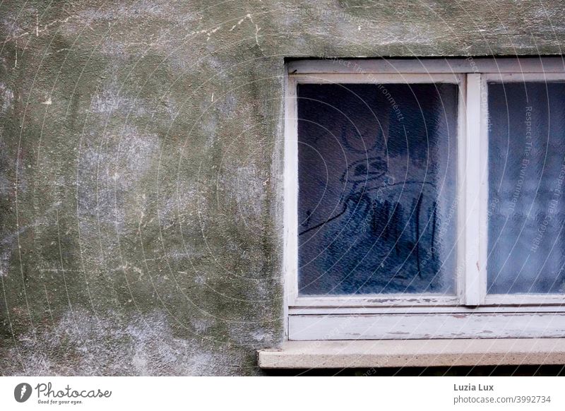 Im Fenster eines alten, leerstehenden Hauses eine alte Gardine und Gesichter, Gespenster in den Staub gekritzelt Hauswand trist schmutzig staubig Fenstersims