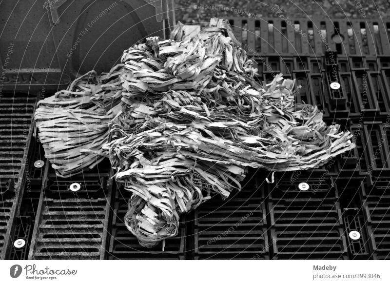 Papierknäuel aus Papierstreifen auf gerasterten Paletten auf einer Baustelle in der Hauptstadt Berlin, fotografiert in klassischem Schwarzweiß Abfall Müll