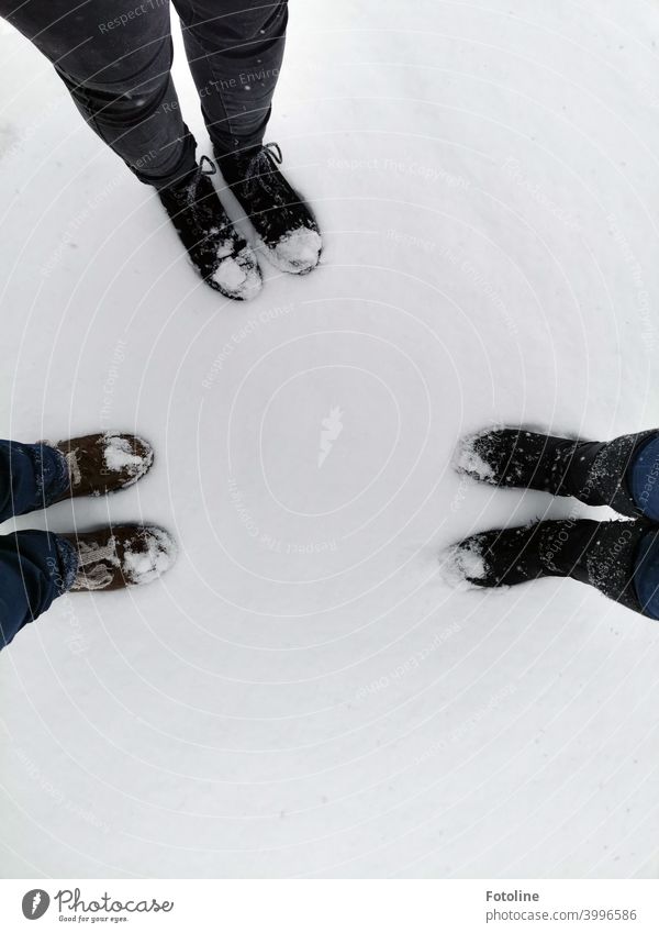 An einem Tag im Schnee haben 3 Paar Schuhe und deren Besitzer sehr viel Spaß gehabt. Winter kalt frostig Frost geschlossene Schneedecke Eis Außenaufnahme weiß