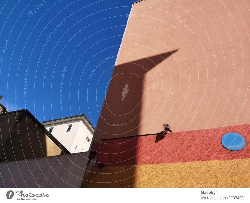 Brandmauer in Apricot mit farblich abgestimmten Streifen und blauem Punkt vor blauem Himmel bei Sonnenschein im Nordend von Frankfurt am Main in Hessen Fassade