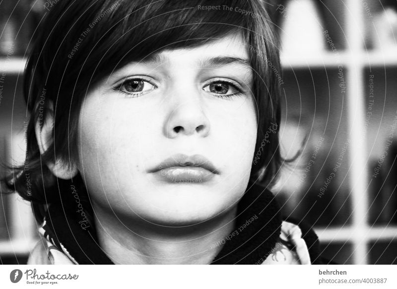 . Schwarzweißfoto intensiv Familie & Verwandtschaft Emotionen Nahaufnahme Porträt Junge Licht Sohn Kind Sonnenlicht Kontrast Tag Gesicht Kindheit ernst