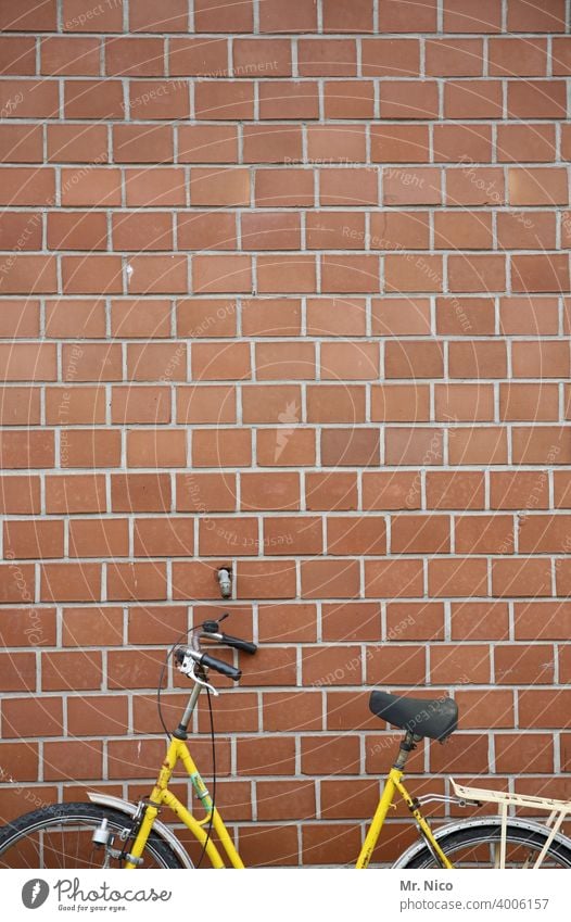ein halbes Fahrrad Rad abgestellt Mauer Wand gelb Damenfahrrad Fahrradlenker Reifen parken angelehnt Straßenverkehr Fahrradsattel Fahrradreifen Mobilität