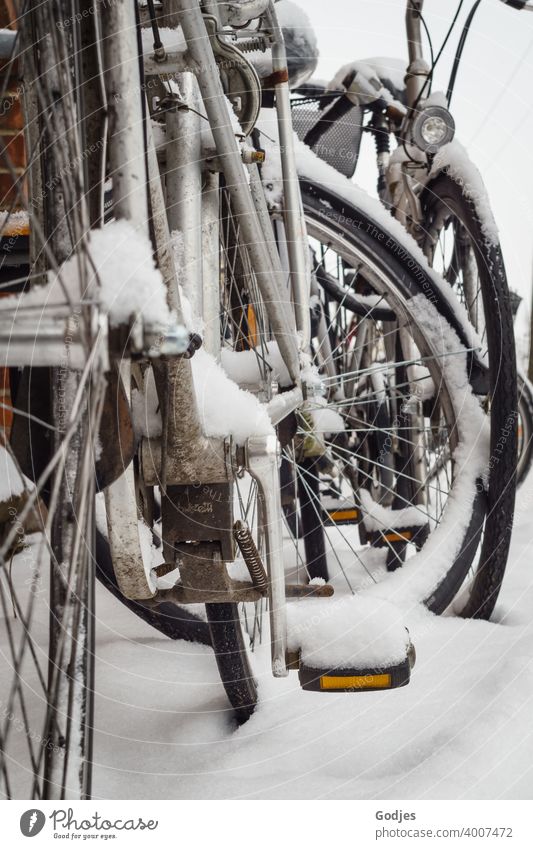 Fahrräder im Schnee Fahrrad Verkehr Sport Straße Fahrradfahren Winter Außenaufnahme Verkehrsmittel Verkehrswege Wege & Pfade Mobilität Stadt Bewegung