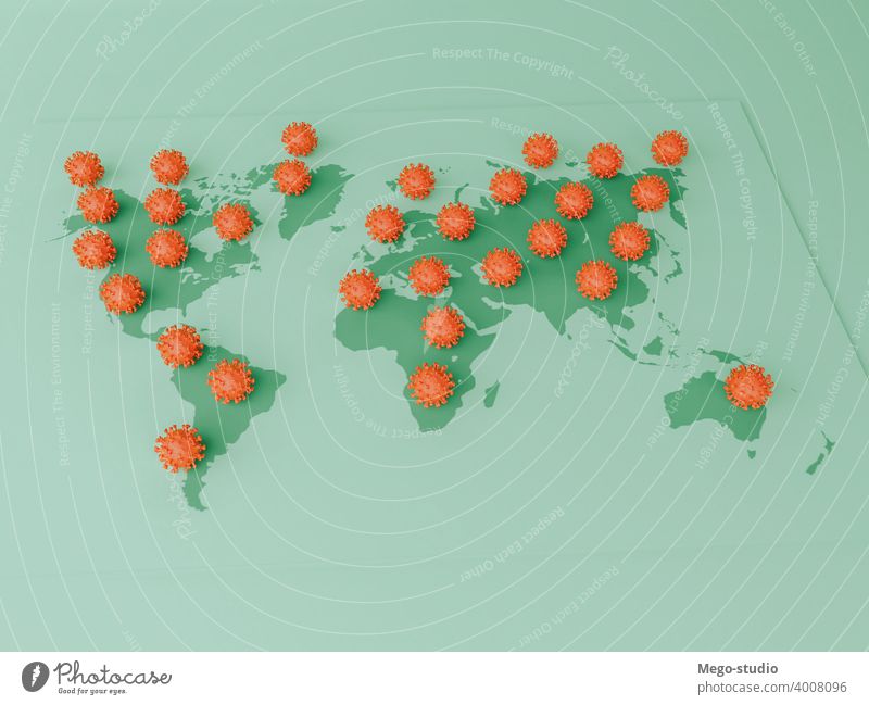 3D-Illustration. Covid-19-Zellen auf einer Weltkarte. 3d covid-19 Landkarte Pandemie Coronavirus Virus Medizin Krankheit Infektion Gesundheit Korona Grippe