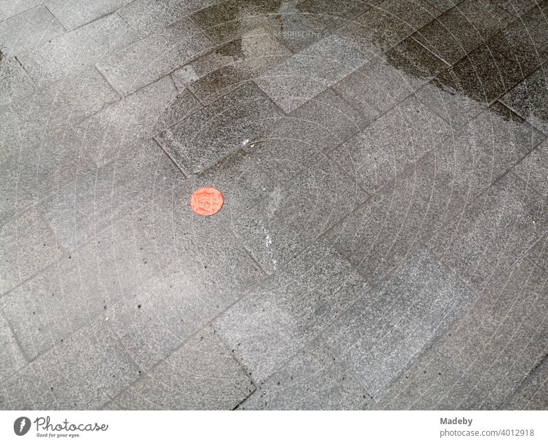 Roter Punkt aus Kunststoff auf nassem grauen Straßenpflaster bei Regen in Frankfurt am Main in Hessen Plastik Pflaster Grau Nässe Regenwetter Markierung Akzent