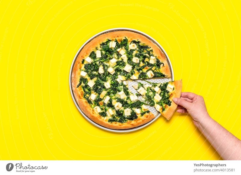 Vegetarische Pizza isoliert auf einem gelben Hintergrund. Frau nimmt ein Stück Pizza. obere Ansicht gebacken Komfortnahrung gekocht Kruste Küche ausschneiden