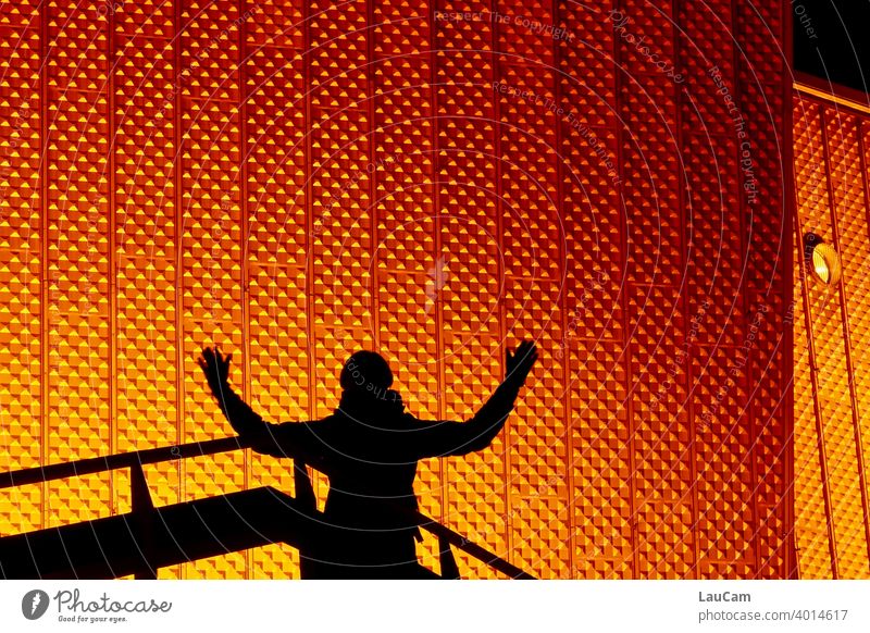Schattenspiele vor der Berliner Philharmonie Nacht Abend orange gold Scherenschnitt leuchtend abstrakt Struktur Fassade Scharoun Konzerthalle Architektur