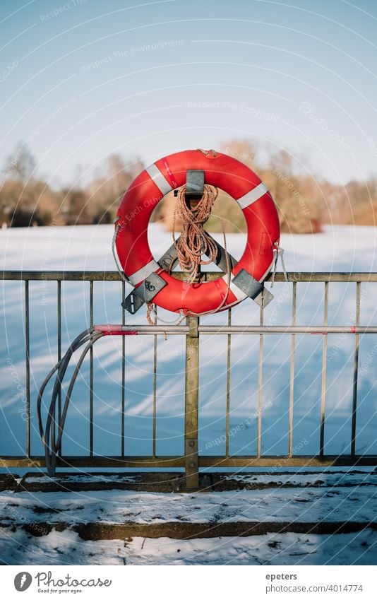 Rettungsring an einem zugefrorenen See im Winter in Hamburg Steilshoop blau schatten Außenaufnahme Farbfoto Stadt Tag trist gefrorener See Appelhoffweiher