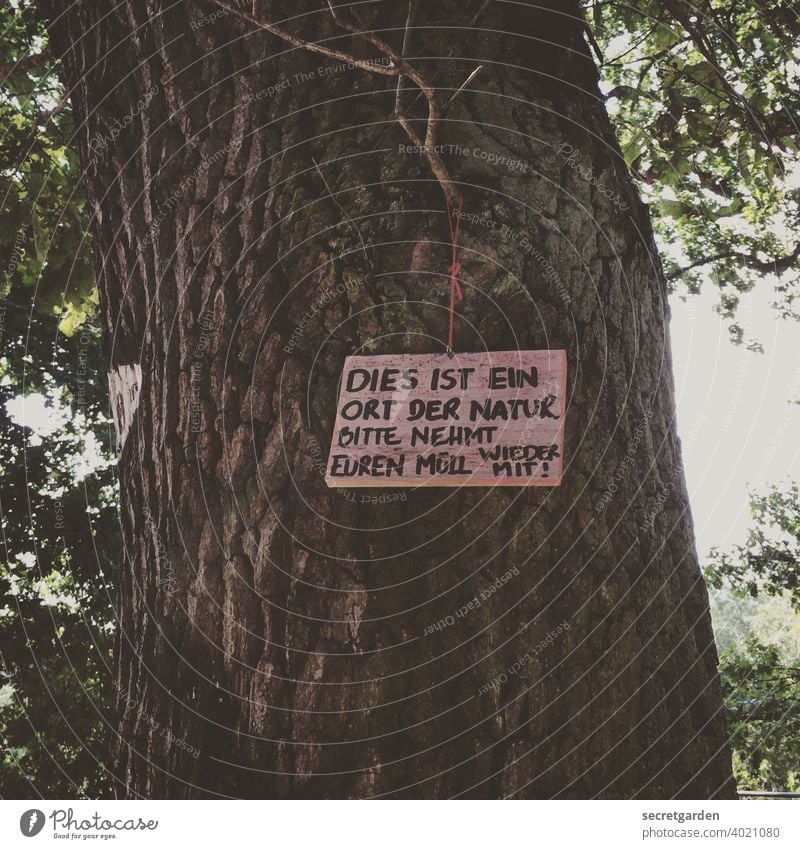 ungesund | Müll(ent)sorgen. Schilder & Markierungen Baum ökologisch Bitte Müllentsorgung Natur Hinweisschild Menschenleer Schriftzeichen Buchstaben Zeichen