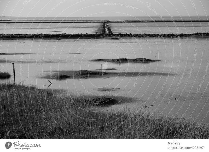 Das Weltkulturerbe Wattenmeer in Bensersiel bei Esens in Ostfriesland an der Küste der Nordsee, fotografiert in klassischem Schwarzweiß Nordseeküste Landschaft