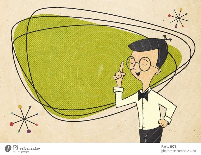 Mann/Lehrer im Stil der 50er,60er mit Brille steht mit erhobenem Zeigefinger vor einer grünen Fläche mit Platz für Text Mid Century Cartoon Comic