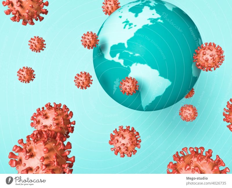 3D-Illustration. Coronavirus-Virus-Zelle um Globus Erde. 3d covid-19 Medizin Pandemie Krankheit Infektion Gesundheit Korona Grippe Risiko Gesundheitswesen