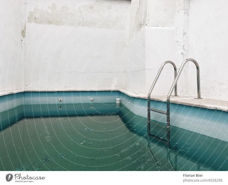 Befülltes gemauertes Schwimmbecken in einem Hinterhof mit Einstiegsleiter nach dem Winter Schwimmbad Mauer Wand Menschenleer Fassade Hof Häusliches Leben