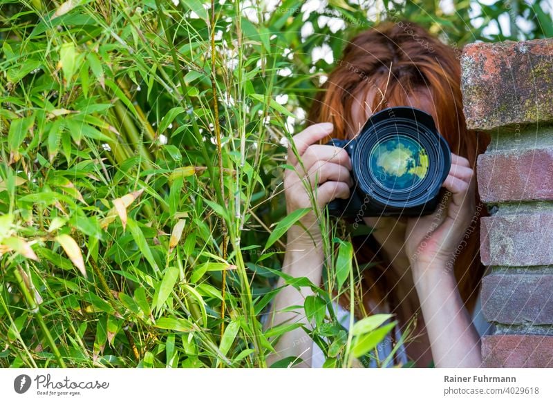 Eine Fotografin fotografiert heimlich mit einer Kamera. Sie steht versteckt zwischen Pflanzen und einer Mauer. Frau Neugierde neugirig Sensation Reporter
