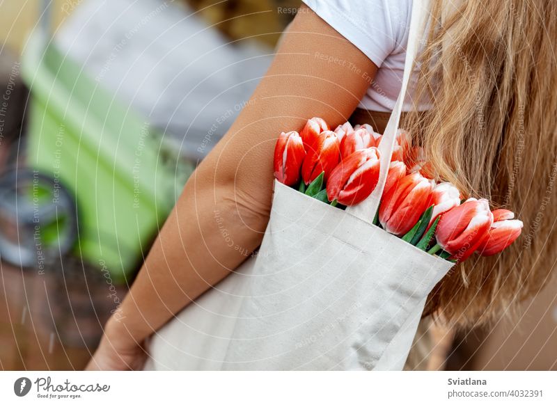 Nahaufnahme eines Blumenstraußes aus Tulpen in einer Stofftasche auf der Schulter eines Mädchens. Geschenk für Frauentag, Valentinstag, Muttertag Glück