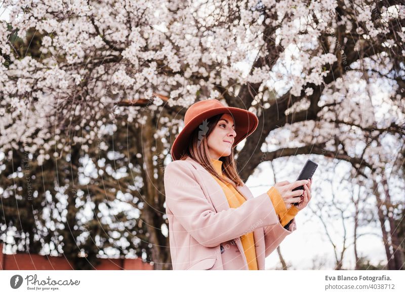 glückliche junge kaukasische Frau mit Handy bei Sonnenuntergang über Mandelbaum blühen. Frühling und Technologie-Konzept Technik & Technologie Bäume Internet