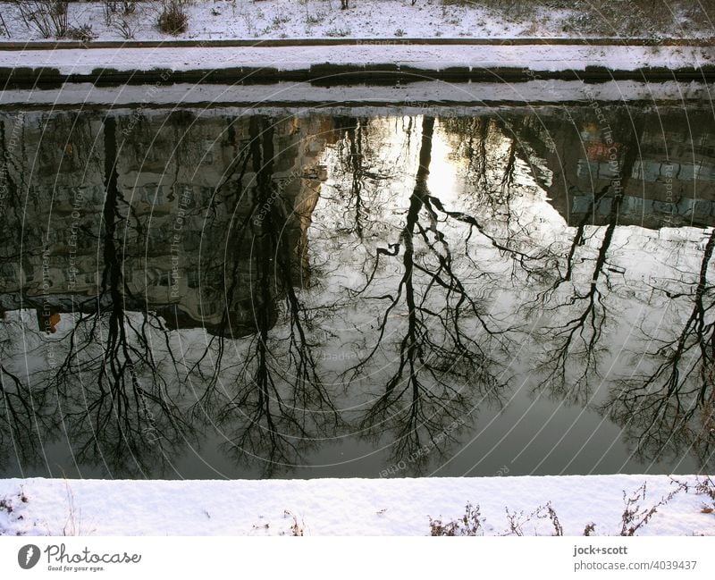 Der winterliche Landwehrkanal spiegelt Formen und Licht Winter Schnee Sonnenlicht Reflexion & Spiegelung Natur Berlin Wasseroberfläche Lichterscheinung