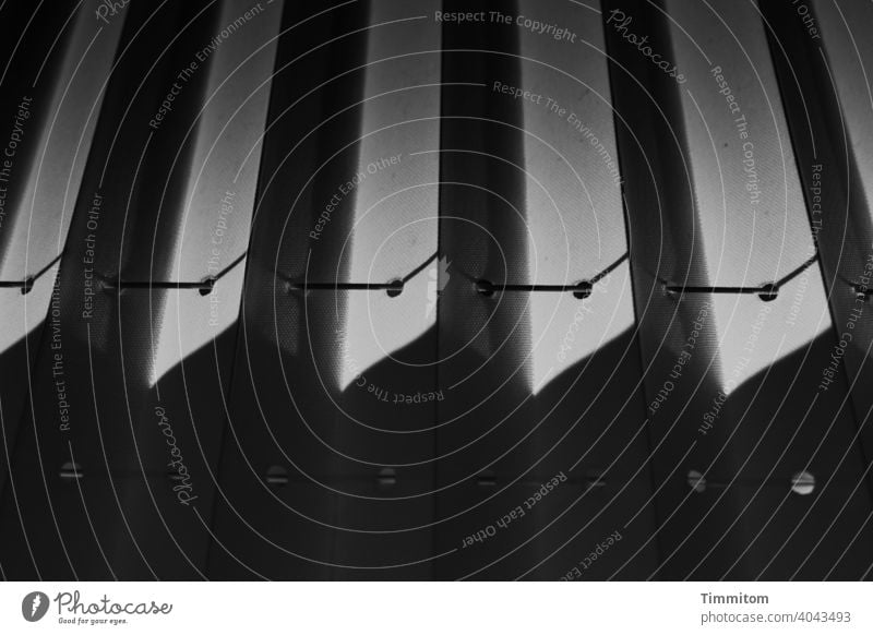 Ein gewisser Zusammenhalt Sonnenschutz Jalousie Lamellen Löcher Faden Kunststoff licht Schatten Fenster Sichtschutz geschlossen Muster Linie Schwarzweißfoto