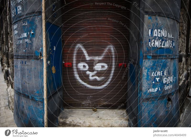 gezeichneter Katzenkopf auf dem Rollladen eines verlassen Ladengeschäfts Geschäft geschlossen geschäftsaufgabe Ecke Beschriftung verwittert retro Spray