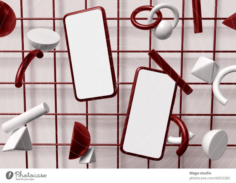 3D-Illustration. Zwei Smartphones mit leeren weißen Bildschirm. 3d Mobile Telefon blanko Hintergrund geometrisch Grafik u. Illustration Anzeige modern Objekt