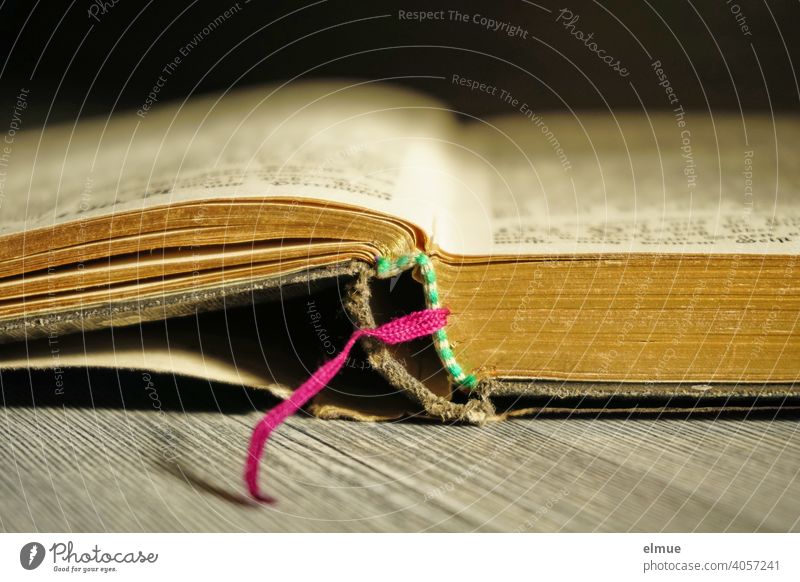 Seitenansicht eines aufgeschlagenen alten Buches mit pinkem Seitenfaden und Bucheinband / Bildung Bibel Lesezeichen offen Einband gold Holzboden Erinnerung