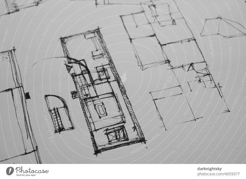 Architektur Zeichnung als Skizze für einen Vorentwurf in Tusche auf Papier bauen planen bausch Zeichnen Entwurf Planung Details Studie Konzept Büro Arbeit