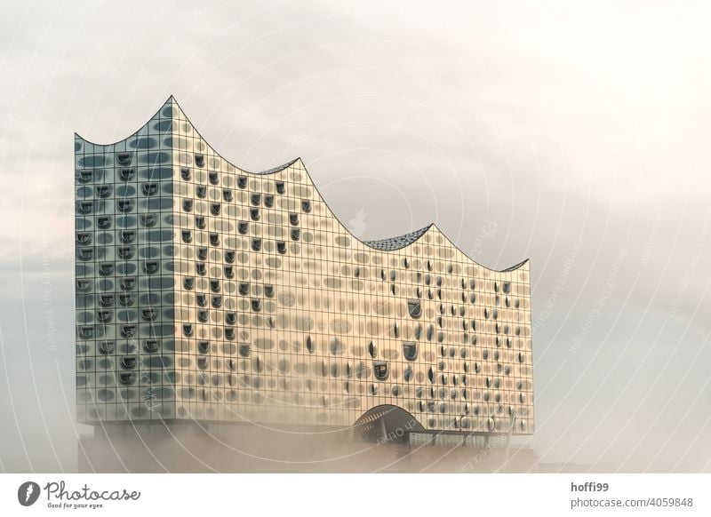 nebligen Morgen mit Sonne und schwebender, moderner Architektur Elbphilharmonie Nebel Nebelschleier Wahrzeichen Hamburg außergewöhnlich Fassade Kultur